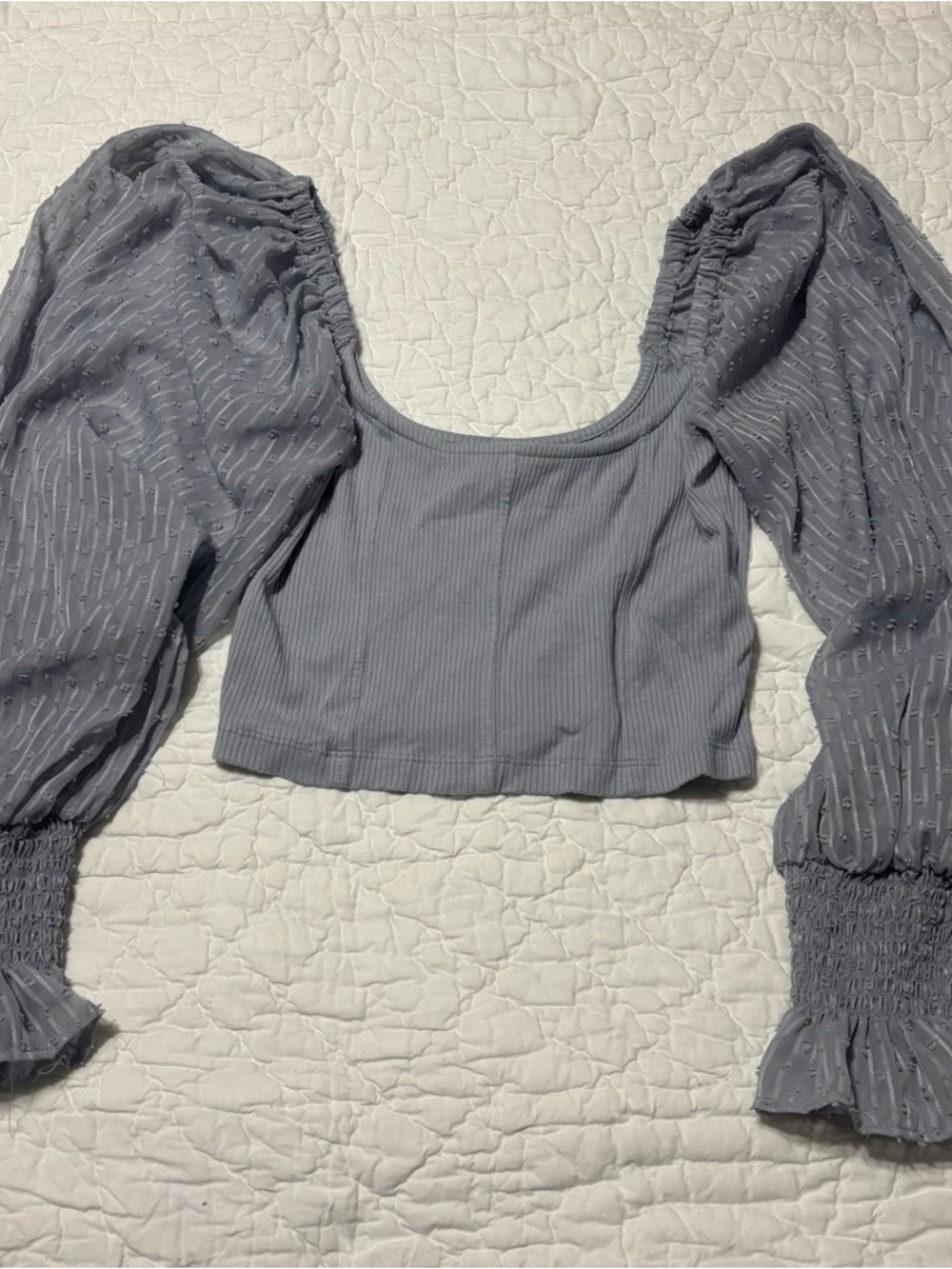 Urban Outfitters dusty blue grey Puff-Sleeve Crop Top